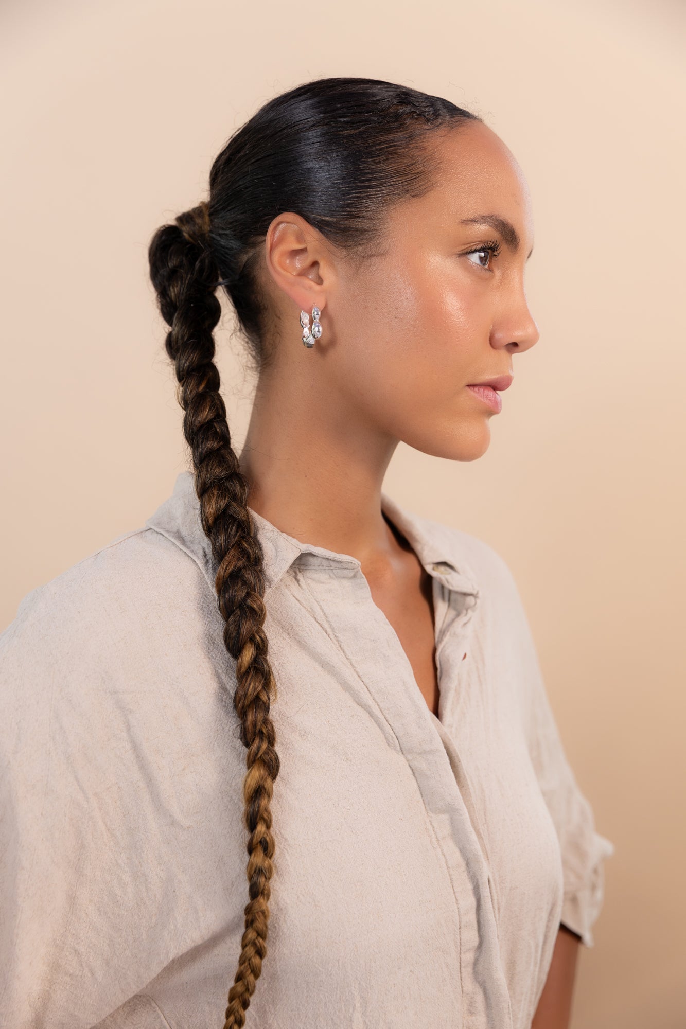 Gaia Link Sculptural Grey Jasper Statement Hoops Silver