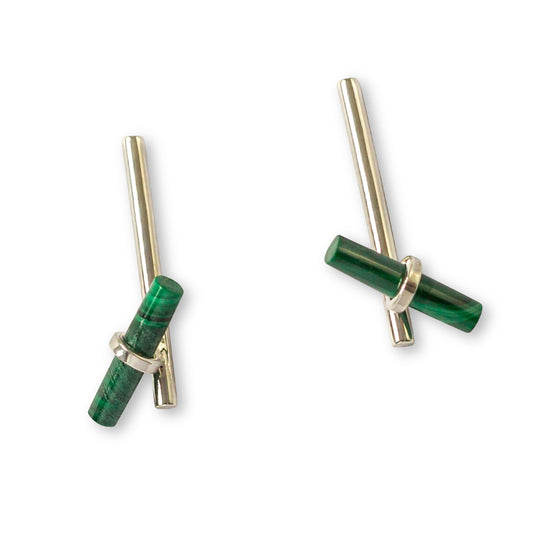 Malachite Bar Sterling Silver Drop Stud Earrings