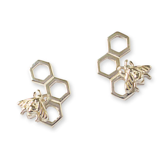 Bumble Bee Honeycomb Sterling Silver Stud Earrings