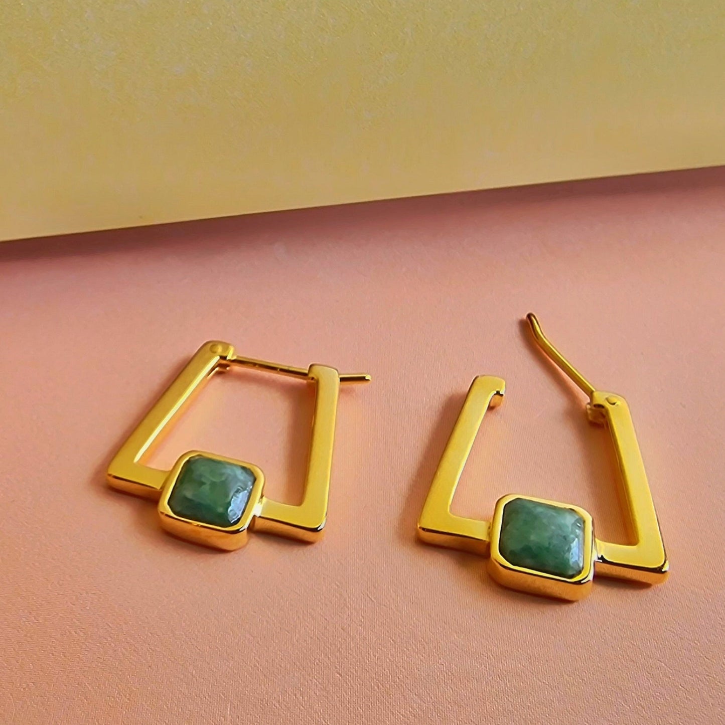 Gold Deco Square Agate Hoops