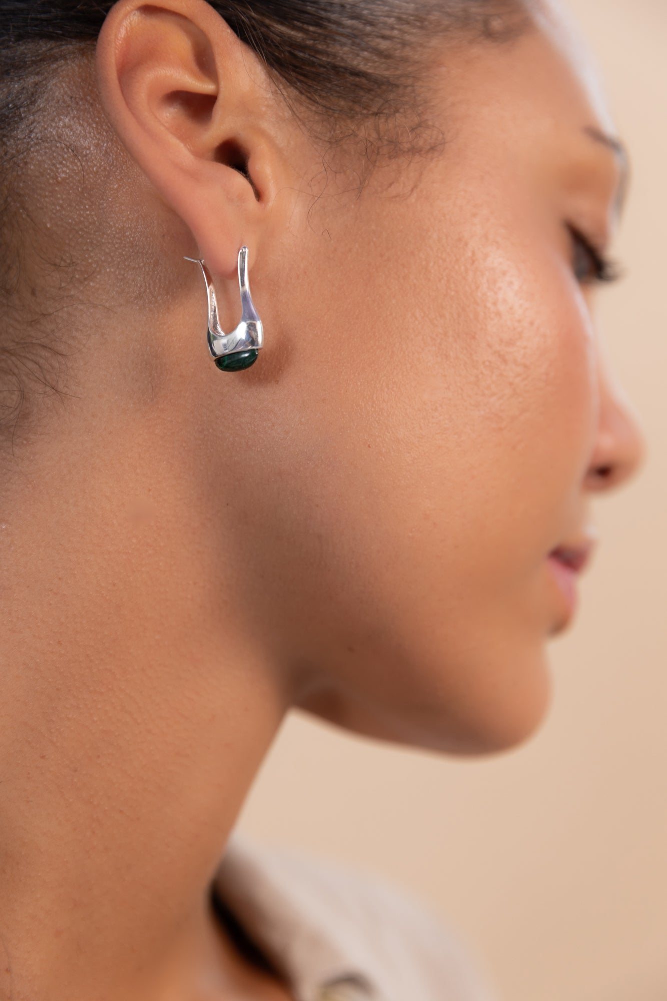 Long Eclipse Drop Green Malachite Hoop Earrings Silver