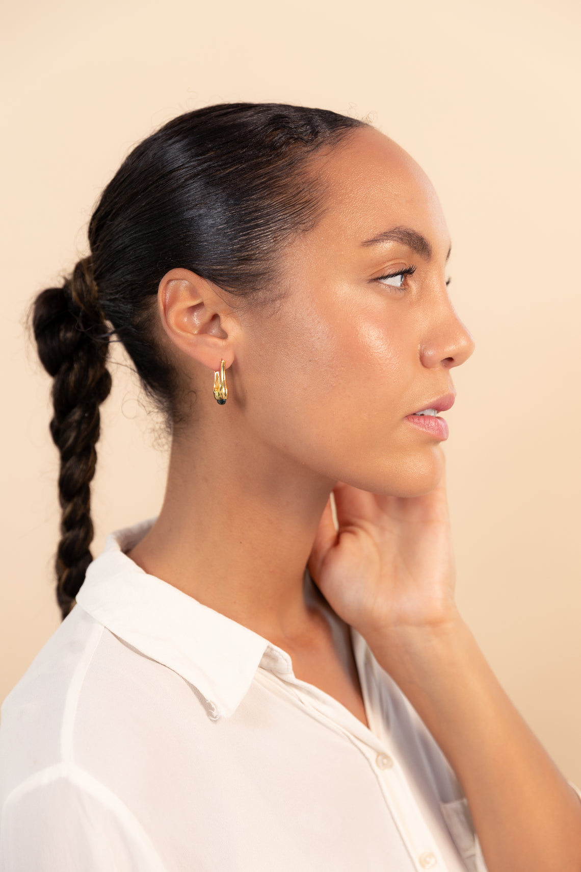 Long Eclipse Drop Green Malachite Hoop Earrings Gold
