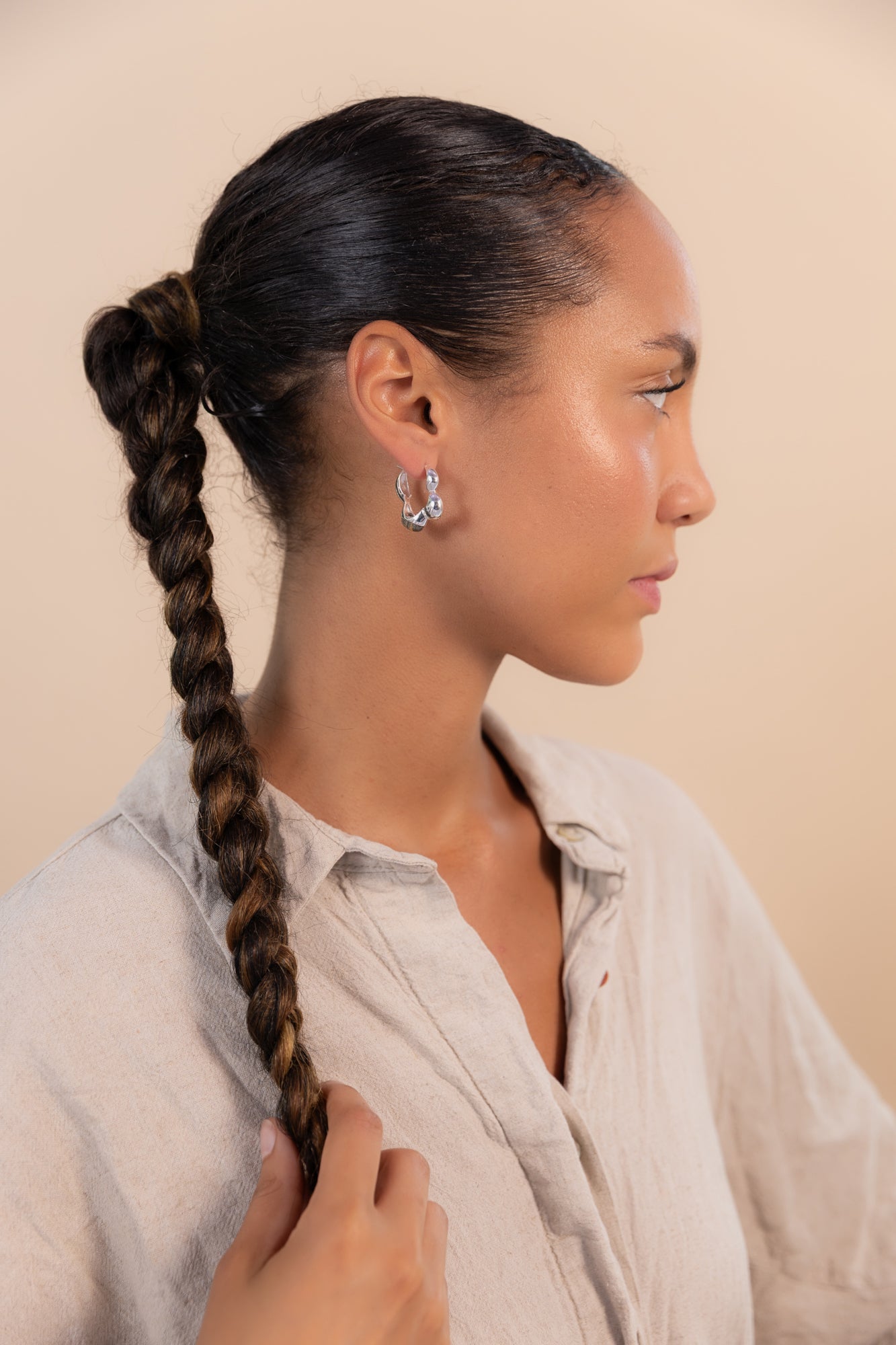Gaia Link Sculptural Grey Jasper Statement Hoops Silver