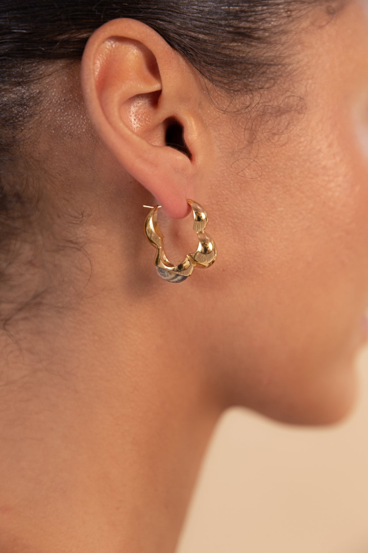Gaia Link Sculptural Grey Jasper Statement Hoops Gold