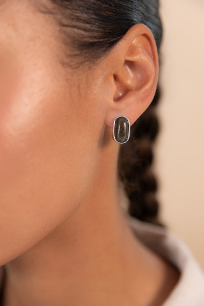 Black Obsidian Oval Earrings Silver