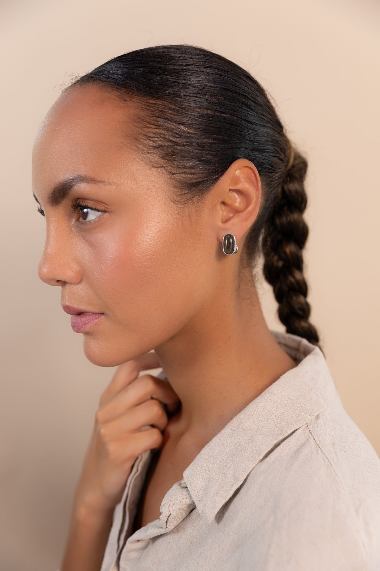 Black Obsidian Oval Earrings Silver