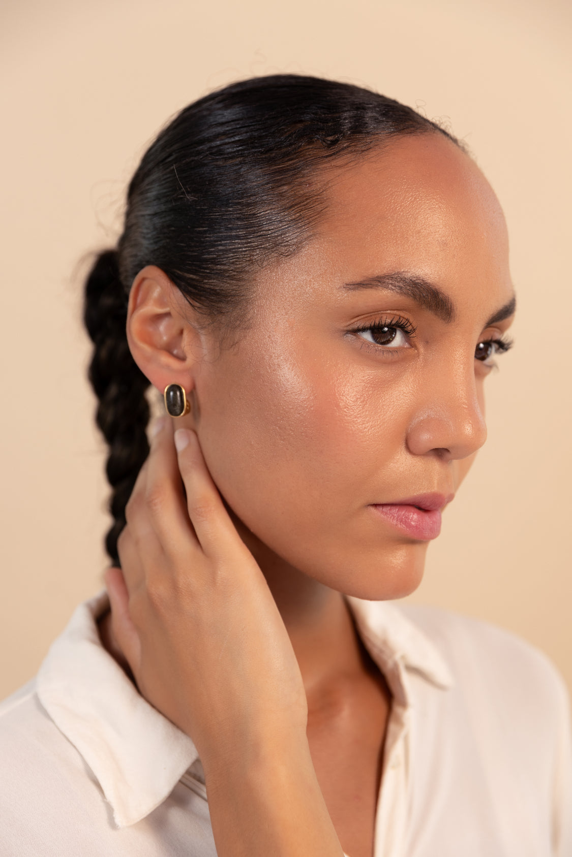 Black Obsidian Oval Earrings Gold