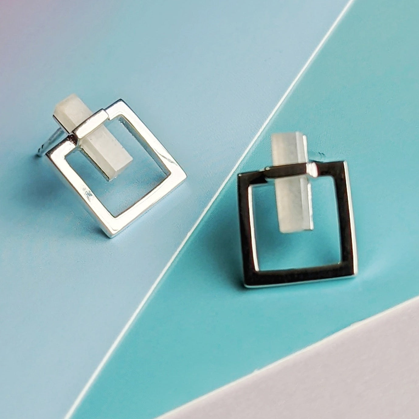 Moonstone Square Stirling Silver Stud Earrings