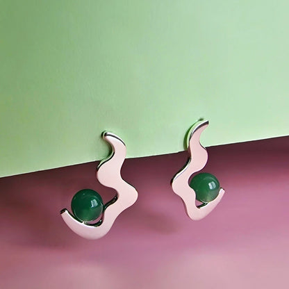 Aventurine Wave Drop Stud Earrings Silver